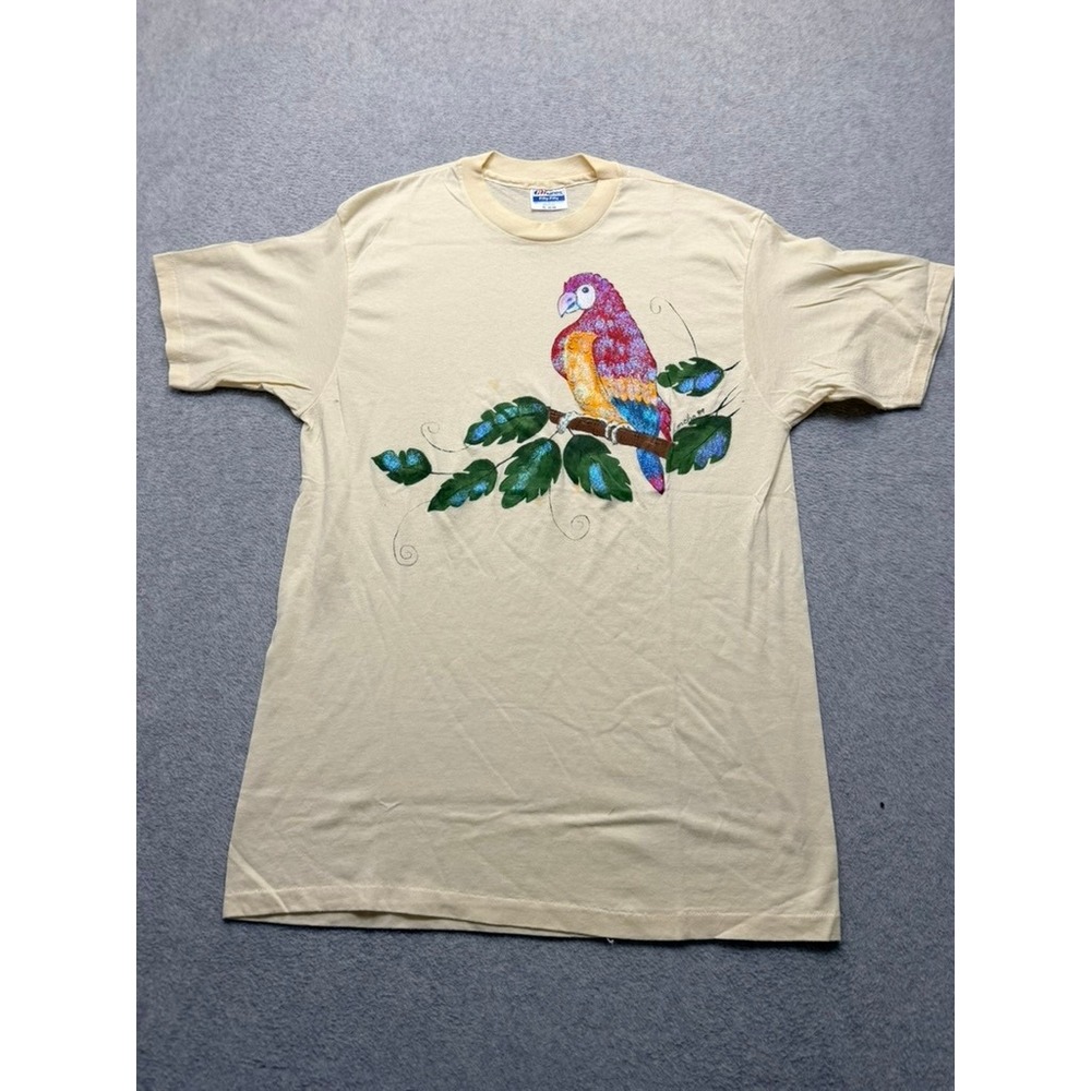 Vintage 1989 Concha Hand Painted Parrot T-Shirt Hanes Beefy-T Yellow XL Macaw